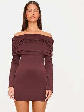 PLT Chocolate Matte Sculpt Double Layer Foldover Bardot Long Sleeve Mini Dress